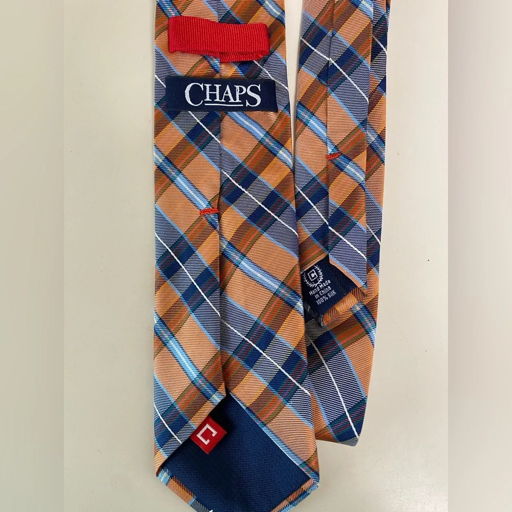 CHAPS Men’s 100% Silk Plaid‎ Necktie Orange Navy